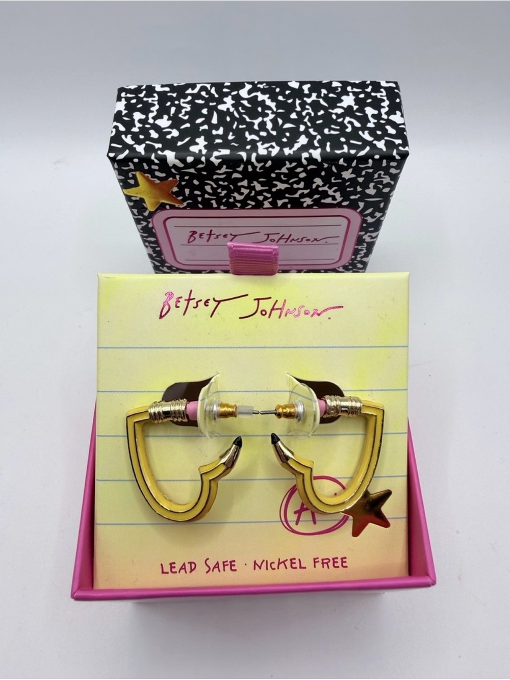 Betsey Johnson Pencil Hoop Earrings Gold Pink Star New in Box